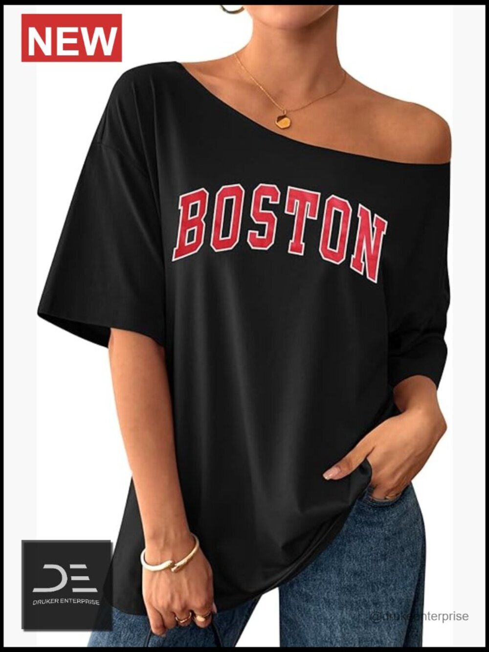 Oversized Off Shoulder Graphic T-Shirt Short Sleeve Polycotton